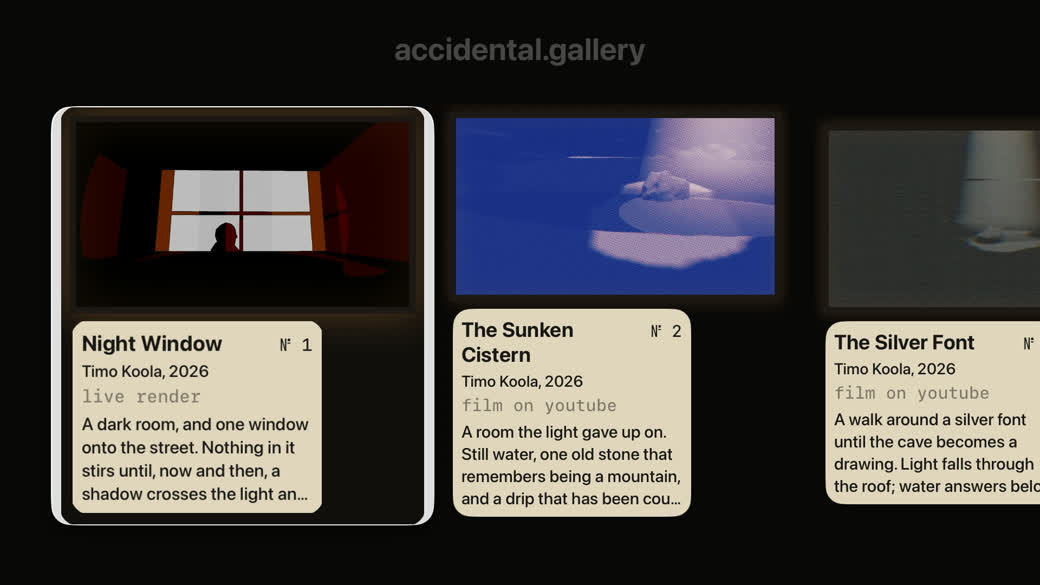 The accidental.gallery Apple TV app: a focus-driven wall of framed works on a black screen, each with a parchment museum label — Night Window raised in focus, The Sunken Cistern and The Silver Font beside it.