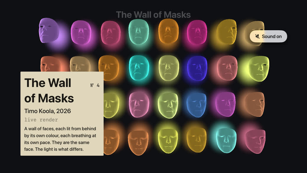 The Wall of Masks running natively on Apple TV: thirty-two backlit face masks glowing in colour on a black wall, with the work's museum label and a sound button.