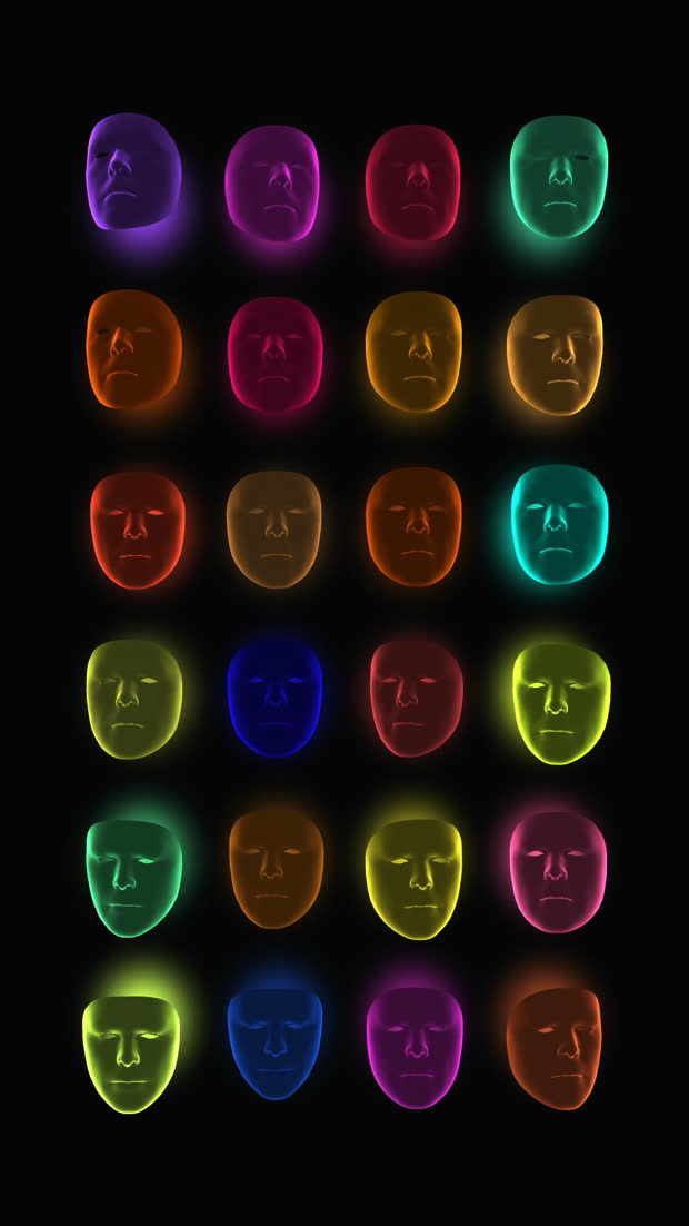 A grid of backlit faces glowing in different colours against black — the same face repeated, each lit from behind by its own hue.