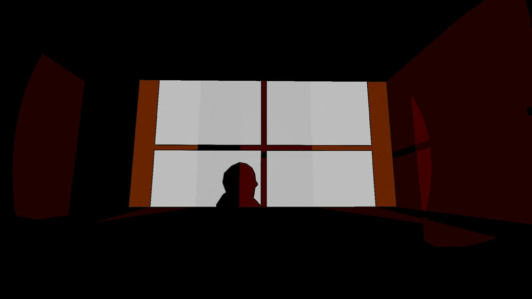 A dark room drawn in comic ink: a wide four-pane window glows grey-white, and a head-and-shoulders shadow crosses the left panes.